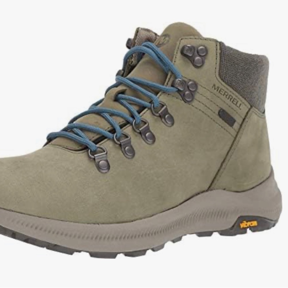 Merrell Ontario Mid Hiking boots. Waterproof in brown leather w/blue laces.